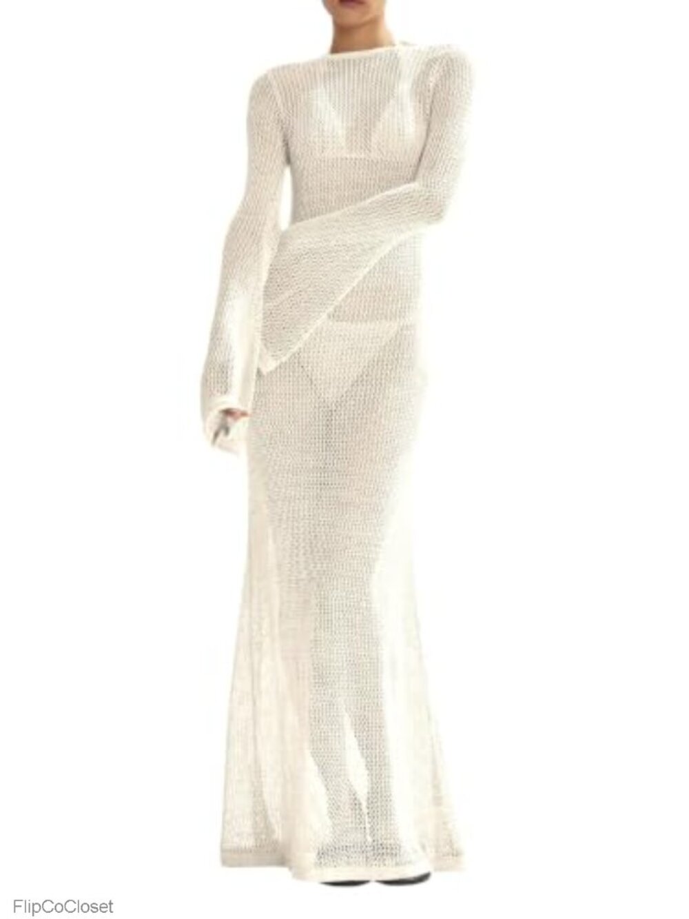 Crochet Knit Long Sleeve Backless Swimsuit Coverup Beach Maxi Dress